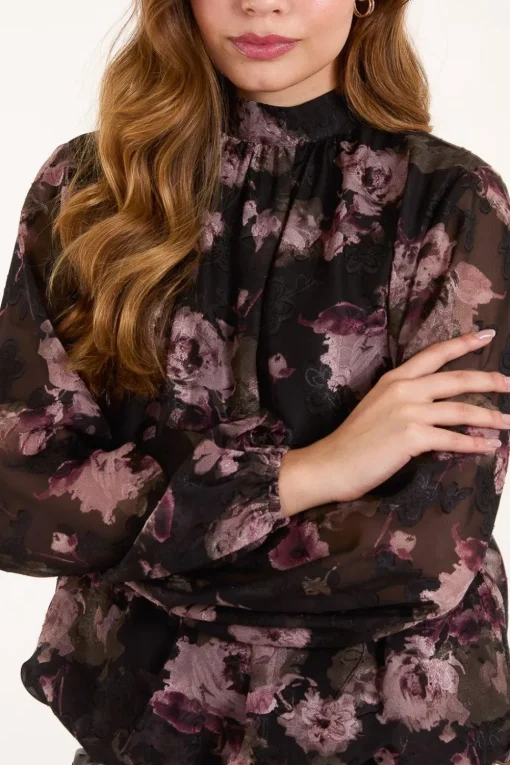 High Neck Bubble Hem Floral Blouse