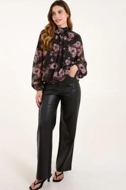 High Neck Bubble Hem Floral Blouse