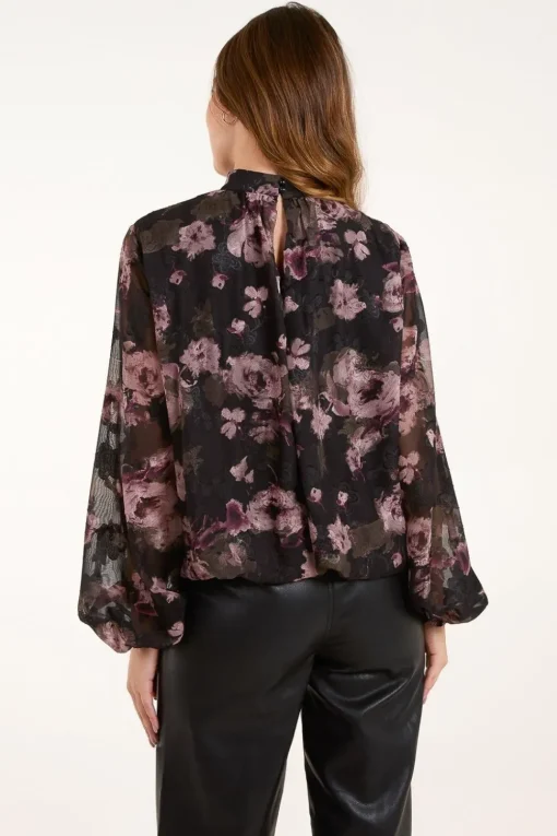 High Neck Bubble Hem Floral Blouse