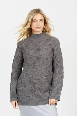 High Neck Cable Knit Tunic Jumper