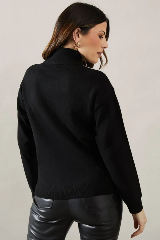 High Neck Front Detail Rib Sleeve Jumper