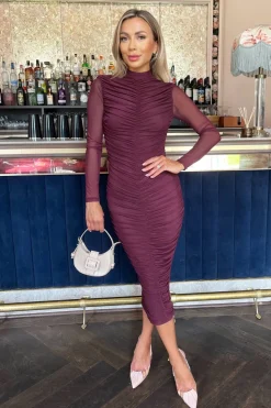 High Neck Long Sleeve Ruched Bodycon Mesh Midi Dress