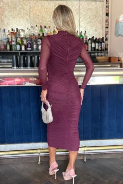 High Neck Long Sleeve Ruched Bodycon Mesh Midi Dress