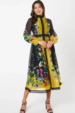 High Neck Printed Organza Lace Trim Midi Wedding Guest Dress
