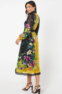 High Neck Printed Organza Lace Trim Midi Wedding Guest Dress