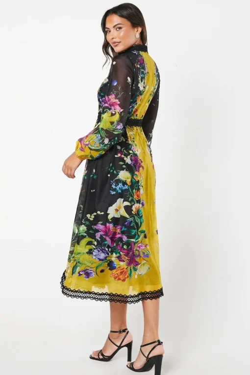 High Neck Printed Organza Lace Trim Midi Wedding Guest Dress