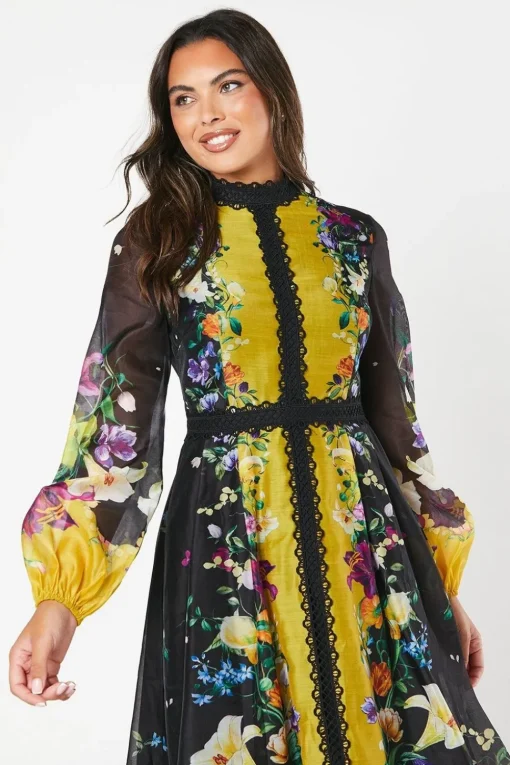 High Neck Printed Organza Lace Trim Midi Wedding Guest Dress