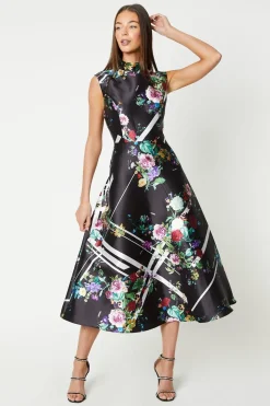 High Neck Printed Twill Midi Dress