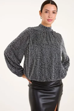 High Neck Puffball Hem Blouse