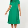 High Neck Stretch Crepe Full Skirt Midi Wedding Guest Dress