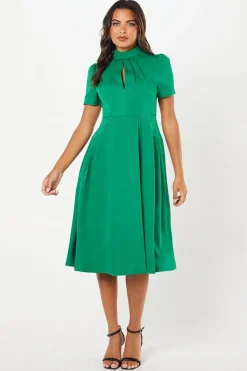 High Neck Stretch Crepe Full Skirt Midi Wedding Guest Dress