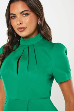 High Neck Stretch Crepe Full Skirt Midi Wedding Guest Dress