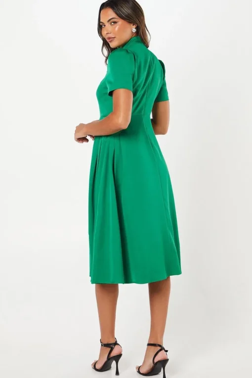 High Neck Stretch Crepe Full Skirt Midi Wedding Guest Dress
