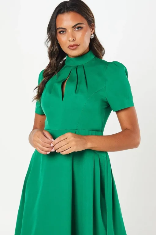 High Neck Stretch Crepe Full Skirt Midi Wedding Guest Dress
