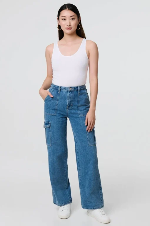High Waist Denim Cargo Jeans