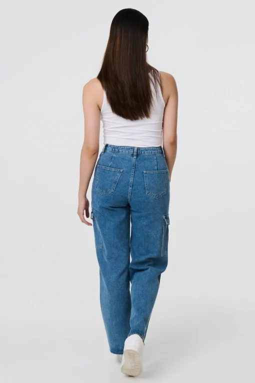 High Waist Denim Cargo Jeans