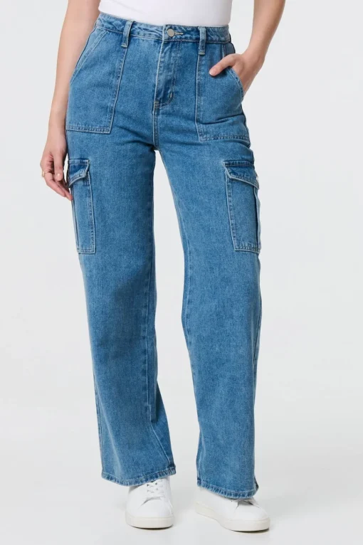 High Waist Denim Cargo Jeans