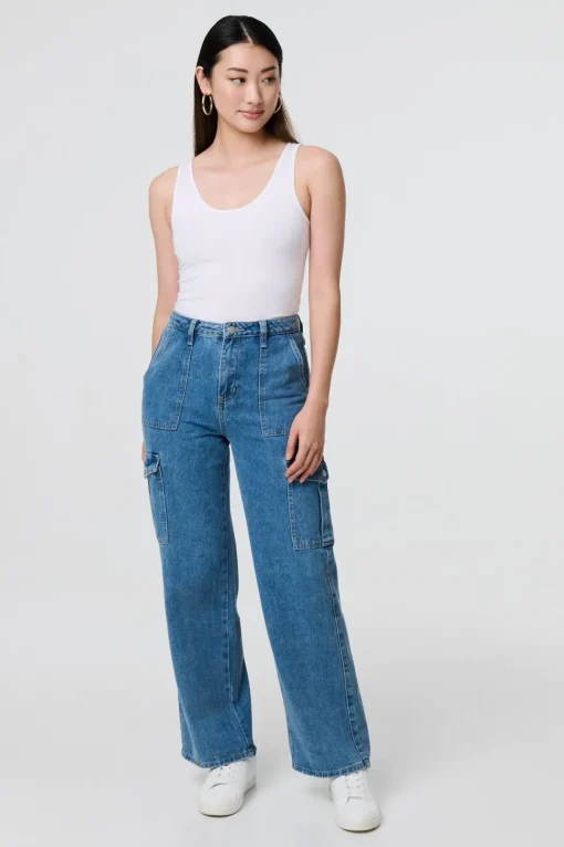 High Waist Denim Cargo Jeans