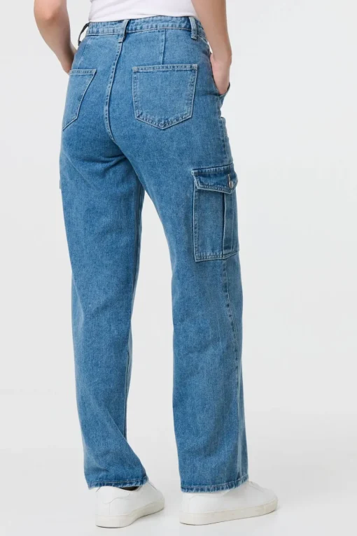 High Waist Denim Cargo Jeans
