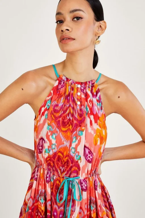 Ikat Paisley Print Halter Midi Dress