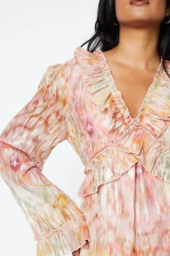 Ikat Print Ruffle Metallic Jacquard Midaxi Dress