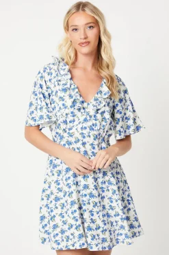 Ivory Ditsy Flutter Sleeve Frill Mini Dress