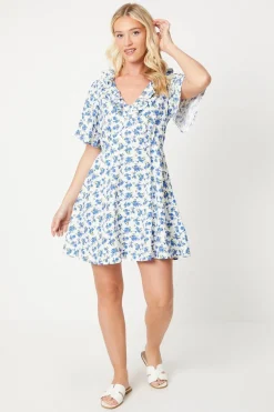 Ivory Ditsy Flutter Sleeve Frill Mini Dress
