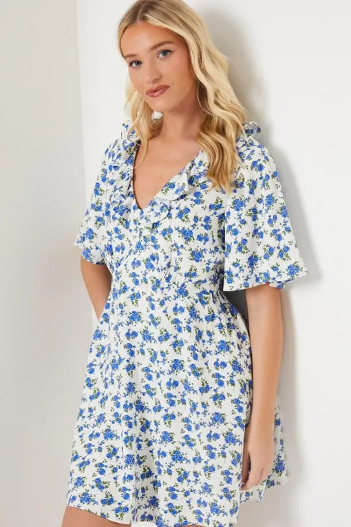 Ivory Ditsy Flutter Sleeve Frill Mini Dress