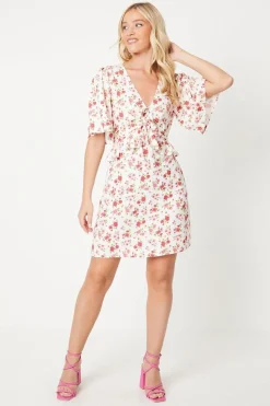 Ivory Floral Ruched Front Mini Dress
