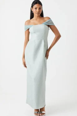 Jacquard Drape Shoulder Maxi Bridesmaid Dress