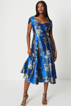 Jacquard Sweetheart Neckline Midi Dress With Piping