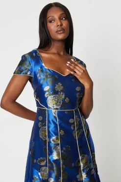 Jacquard Sweetheart Neckline Midi Dress With Piping