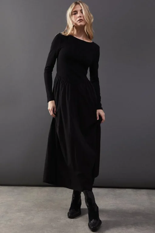 Jersey Taffeta Mix Drop Waist Midi Dress