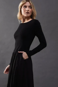 Jersey Taffeta Mix Drop Waist Midi Dress