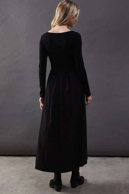 Jersey Taffeta Mix Drop Waist Midi Dress