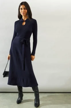 Keyhole Collared Belted Knitted Midi Dress