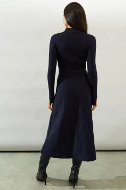 Keyhole Collared Belted Knitted Midi Dress
