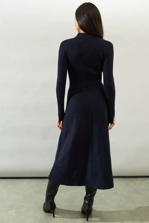 Keyhole Collared Belted Knitted Midi Dress