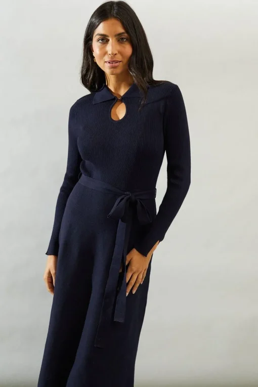 Keyhole Collared Belted Knitted Midi Dress