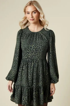 Khaki Animal Long Sleeve Tiered Mini Dress