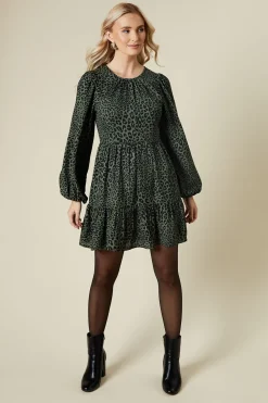 Khaki Animal Long Sleeve Tiered Mini Dress