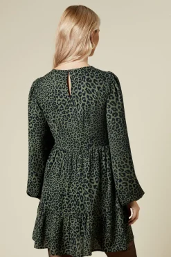 Khaki Animal Long Sleeve Tiered Mini Dress