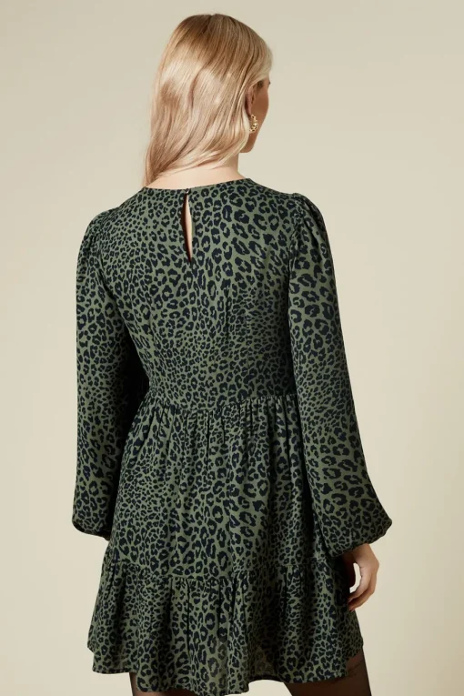Khaki Animal Long Sleeve Tiered Mini Dress