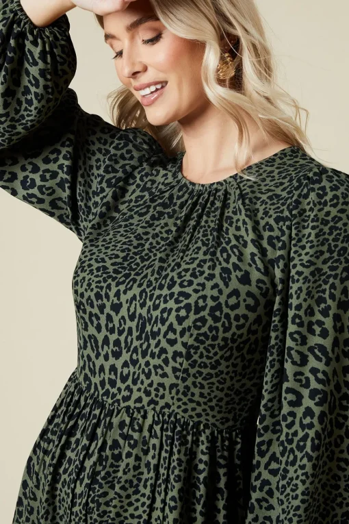 Khaki Animal Long Sleeve Tiered Mini Dress