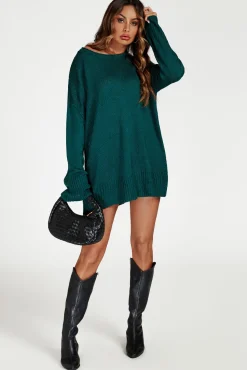 Knit Crew Neck Extended Jumper In Dark Green