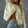 Knitted Crew Neck Pocket Detail Gold Button Cardigan