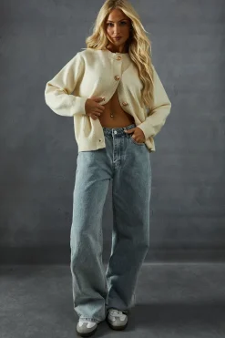 Knitted Crew Neck Pocket Detail Gold Button Cardigan