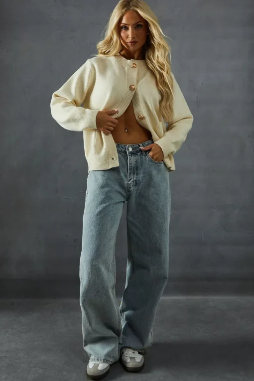Knitted Crew Neck Pocket Detail Gold Button Cardigan