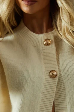 Knitted Crew Neck Pocket Detail Gold Button Cardigan