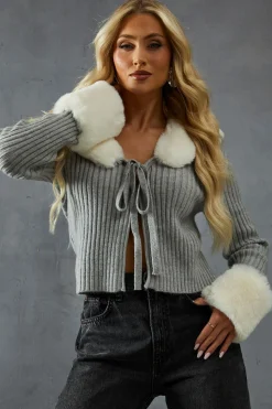 Knitted Rib Fur Trim Tie Detail Front Jumper